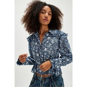 Free People Women's Blue Floral Printed Daybreak Ruffle Button Down Top size XL